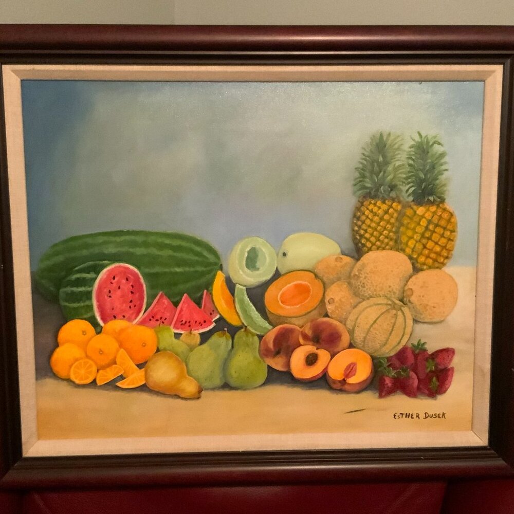 Vtg Original Fruit Still Life Oil Painting Esther Dusek Signed 20" x 24" Frame